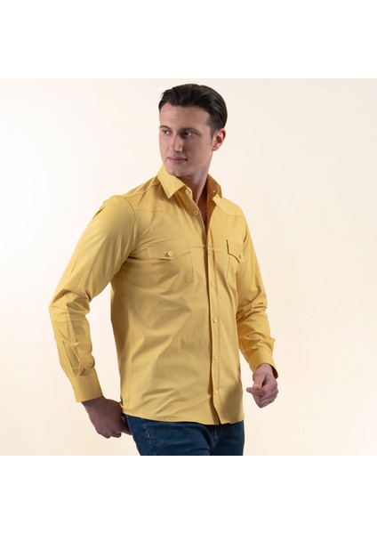 Güneş Sarısı Pamuk Likra Outdoor Çift Cep Kapaklı Slim Fit Western Gömlek fırsatları