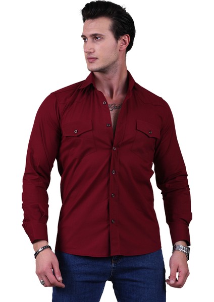 Exve Exclusive Bordo Slim Fit Western Gömlek