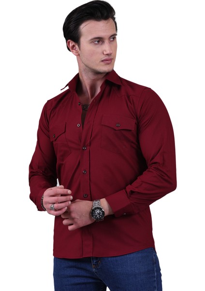 Exve Exclusive Bordo Slim Fit Western Gömlek