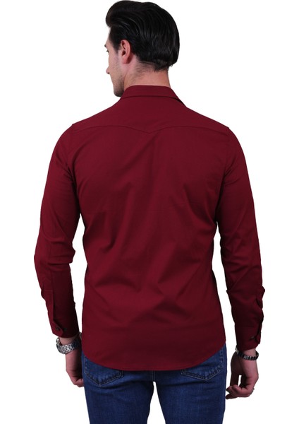 Exve Exclusive Bordo Slim Fit Western Gömlek