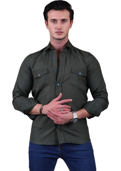 Exve Exclusive Zümrüt Yeşili Flamlı Dokuma Slim Fit Western Gömlek