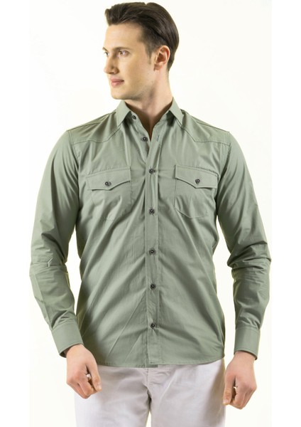 Çağla Yeşili Slim Fit Western Gömlek