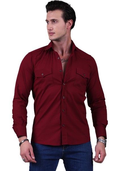 Bordo Slim Fit Western Gömlek