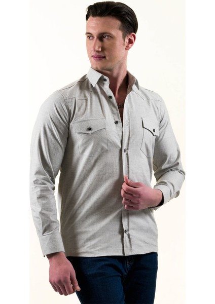 Bej Krem Geçişli Doğal Keten Slim Fit Western Gömlek