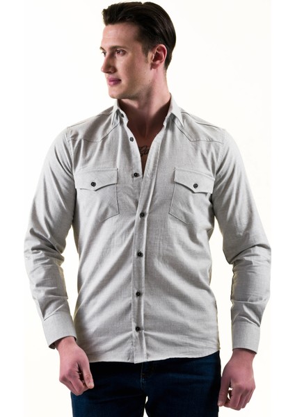 Bej Krem Geçişli Doğal Keten Slim Fit Western Gömlek fiyatları