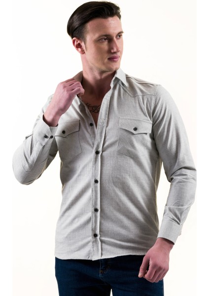 Bej Krem Geçişli Doğal Keten Slim Fit Western Gömlek modelleri