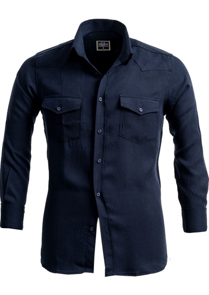 Exve Exclusive Lacivert Keten Slim Fit Western Gömlek