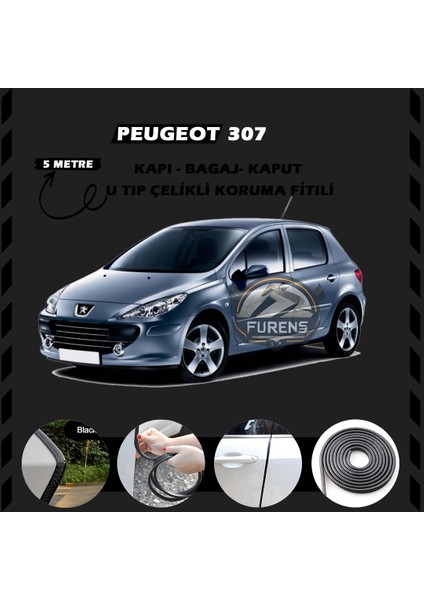 Fruens Peugeot 307 Oto Araç Kapı Koruma Fitili 5metre Parlak Siyah Renk