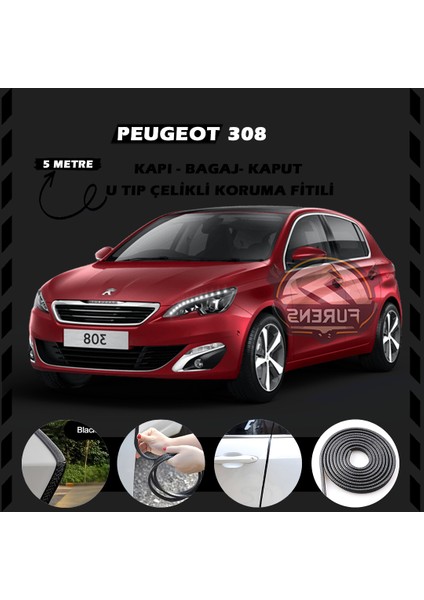 Fruens Peugeot 308 Oto Araç Kapı Koruma Fitili 5metre Parlak Siyah Renk