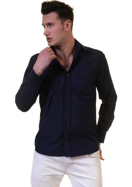 Exve Exclusive Lacivert Keten Slim Fit Western Gömlek