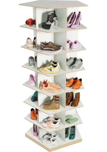 360° Dönen Ayakkabı Rafı, Dönen Ayakkabı Raf Kulesi, Orijinal 7 Katmanlı (Beyaz, Beşgen)