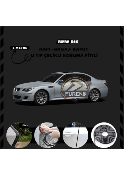 Fruens Bmw E60 Oto Araç Kapı Koruma Fitili 5metre Parlak Siyah Renk