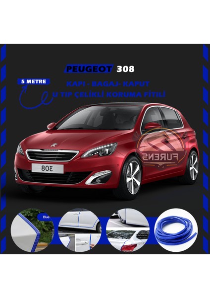 Fruens Peugeot 308 Oto Araç Kapı Koruma Fitili 5metre Parlak Mavi Renk