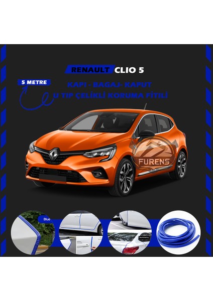 Fruens Renault Clio 5 Oto Araç Kapı Koruma Fitili 5metre Parlak Mavi Renk