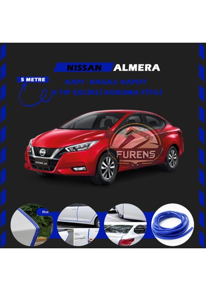 Fruens Nissan Almera Oto Araç Kapı Koruma Fitili 5metre Parlak Mavi Renk
