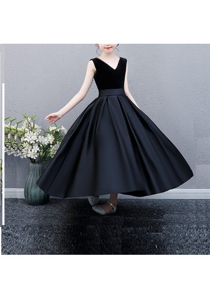 Kız Çocuk V Yaka Siyah Üst Kadife Alt Saten Doğum Günü Noel Mezuniyet Elbise