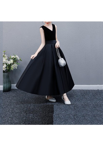 Kız Çocuk V Yaka Siyah Üst Kadife Alt Saten Doğum Günü Noel Mezuniyet Elbise modelleri