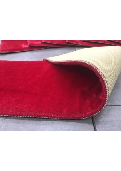 Comfort Bordo (5 Adet) Merdiven Halısı Pufidik Peluş Kaymaz Deri Tabanlı Basamak Paspası