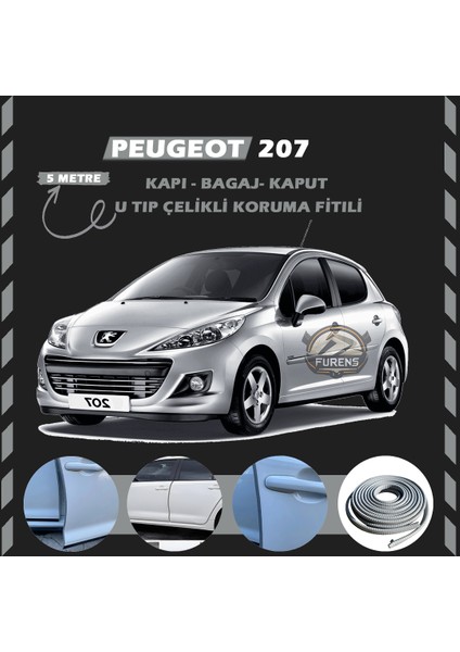 Fruens Peugeot 207 Oto Araç Kapı Koruma Fitili 5metre Parlak Gri Renk