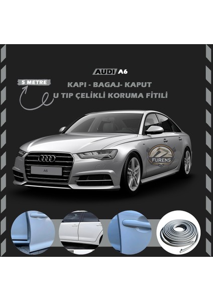 Fruens Audi A6 Oto Araç Kapı Koruma Fitili 5metre Parlak Gri Renk