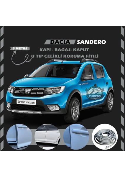 Fruens Dacia Sandero Oto Araç Kapı Koruma Fitili 5metre Parlak Gri Renk
