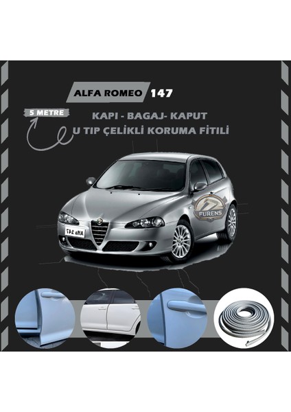 Fruens Alfa Romeo 147 Oto Araç Kapı Koruma Fitili 5metre Parlak Gri Renk