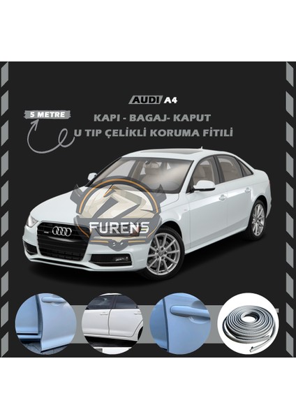 Fruens Audi A4 Oto Araç Kapı Koruma Fitili 5metre Parlak Gri Renk