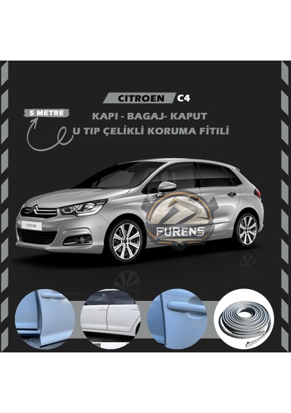 Fruens Citroen C4 Oto Araç Kapı Koruma Fitili 5metre Parlak Gri Renk