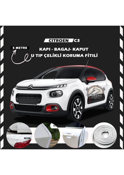 Fruens Citroen C3 Oto Araç Kapı Koruma Fitili 5metre Parlak Beyaz Renk