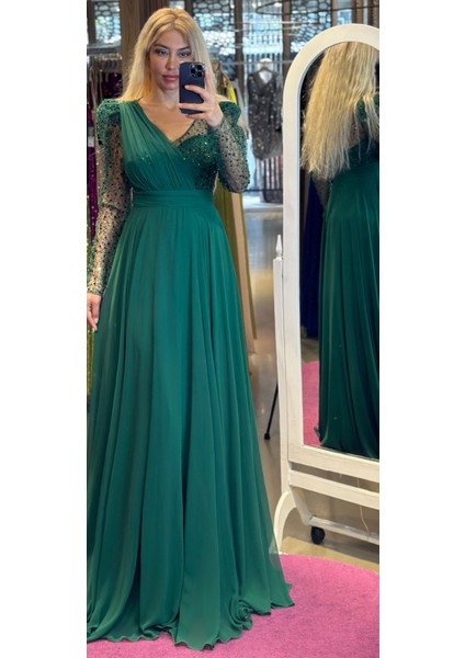 Abiyenial Uzun Kollu Şifon V Yaka Uzun Abiye Elbise Yeşil 7417