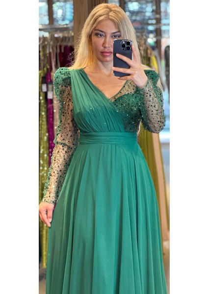 Abiyenial Uzun Kollu Şifon V Yaka Uzun Abiye Elbise Yeşil 7417 fiyatları