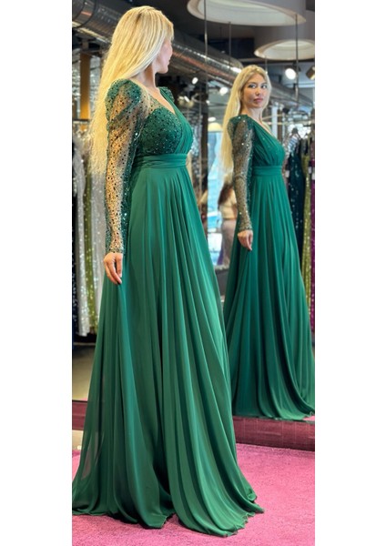 Abiyenial Uzun Kollu Şifon V Yaka Uzun Abiye Elbise Yeşil 7417 modelleri