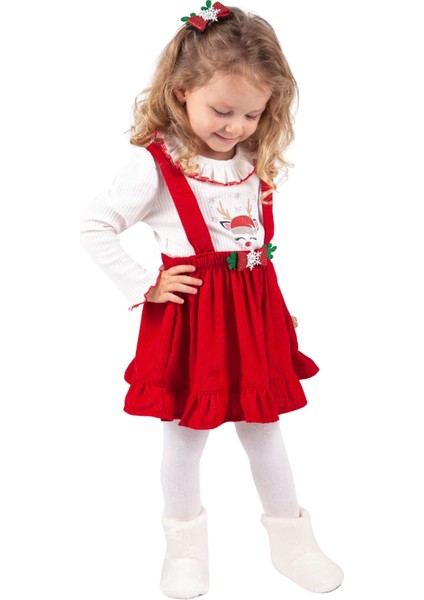 Kız Çocuk %100 Pamuk Badilli Kış ve Yeni yıl Yılbaşı Temalı Saç ve Kemer Tokalı Kırmızı Salopet Elbise (2-3-4-5 Yaş) indirimleri