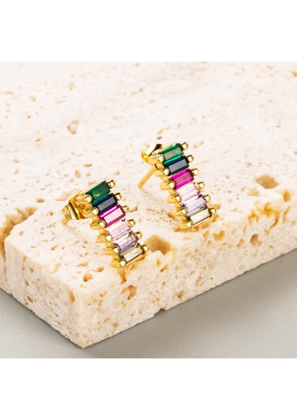 Renkli Zirkon Taşlı Geometrik Küpe (Yurt Dışından)