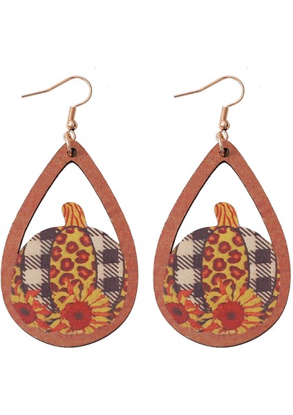 Balkabağı Ayçiçeği Kafes Çizgili Ajurlu Ters Çevrilebilir Ahşap Küpe (Yurt Dışından)