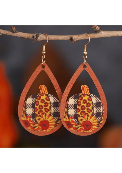 Balkabağı Ayçiçeği Kafes Çizgili Ajurlu Ters Çevrilebilir Ahşap Küpe (Yurt Dışından) modelleri