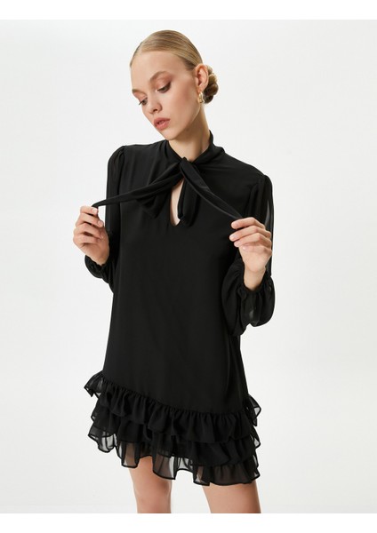 Balon Kol Şifon Elbise Mini Fular Yaka Fırfırlı