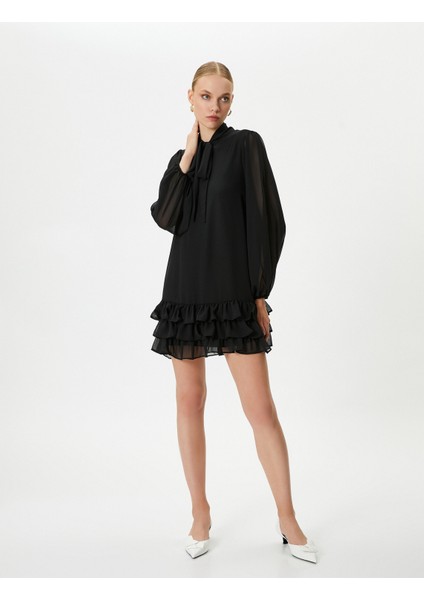 Balon Kol Şifon Elbise Mini Fular Yaka Fırfırlı fiyatları