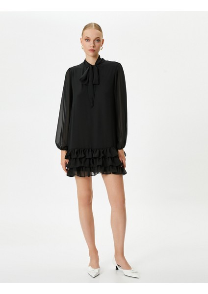 Balon Kol Şifon Elbise Mini Fular Yaka Fırfırlı modelleri