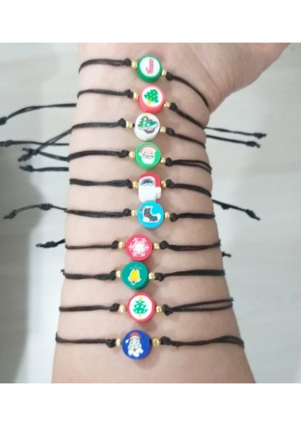 On Adet Noel Fimo Boncuklu Yılbaşı Kartlı Unisex Bileklik