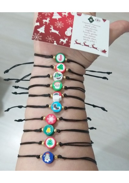 On Adet Noel Fimo Boncuklu Yılbaşı Kartlı Unisex Bileklik