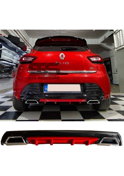 Renault Clio 4 Difüzör Arka Tampon Eki 2 Egzoz Çıkışlı Kırmızı Lüx Tip)