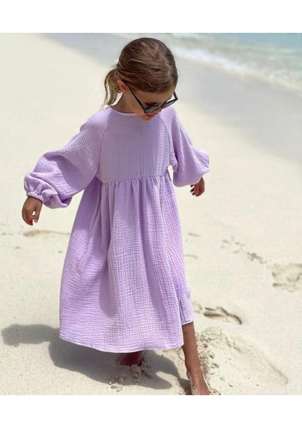 Kız Çocuk Bürümcük Kumaş Balon Mevsimlik Elbise 3 Renk Seçenekli Bohem Elbise