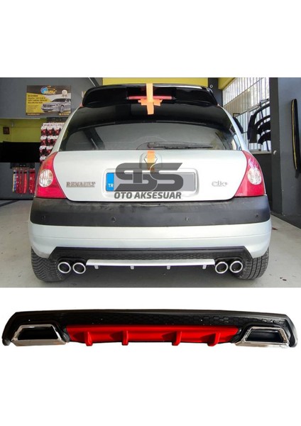 Fruens Renault Clio 2 Hb Difüzör Arka Tampon Eki 2 Egzoz Çıkışlı Kırmızı Lüx Tip