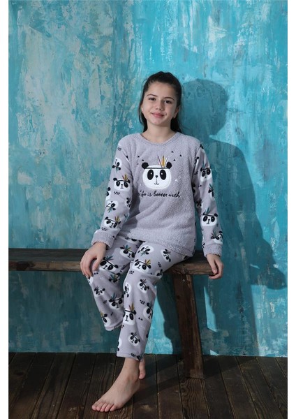 Pijama Evi Gri Life Panda Desenli Kız Çocuk Peluş Pijama Takımı