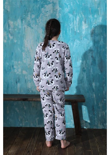 Pijama Evi Gri Life Panda Desenli Kız Çocuk Peluş Pijama Takımı