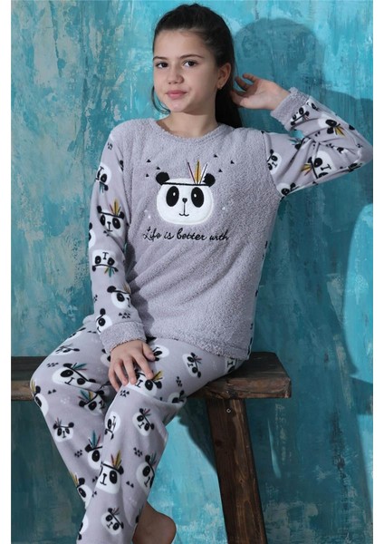 Gri Life Panda Desenli Kız Çocuk Peluş Pijama Takımı