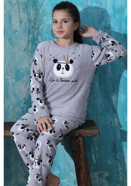 Pijama Evi Gri Life Panda Desenli Kız Çocuk Peluş Pijama Takımı