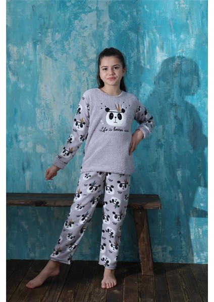 Gri Life Panda Desenli Kız Çocuk Peluş Pijama Takımı