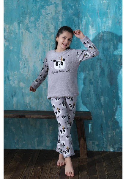 Gri Life Panda Desenli Kız Çocuk Peluş Pijama Takımı modelleri
